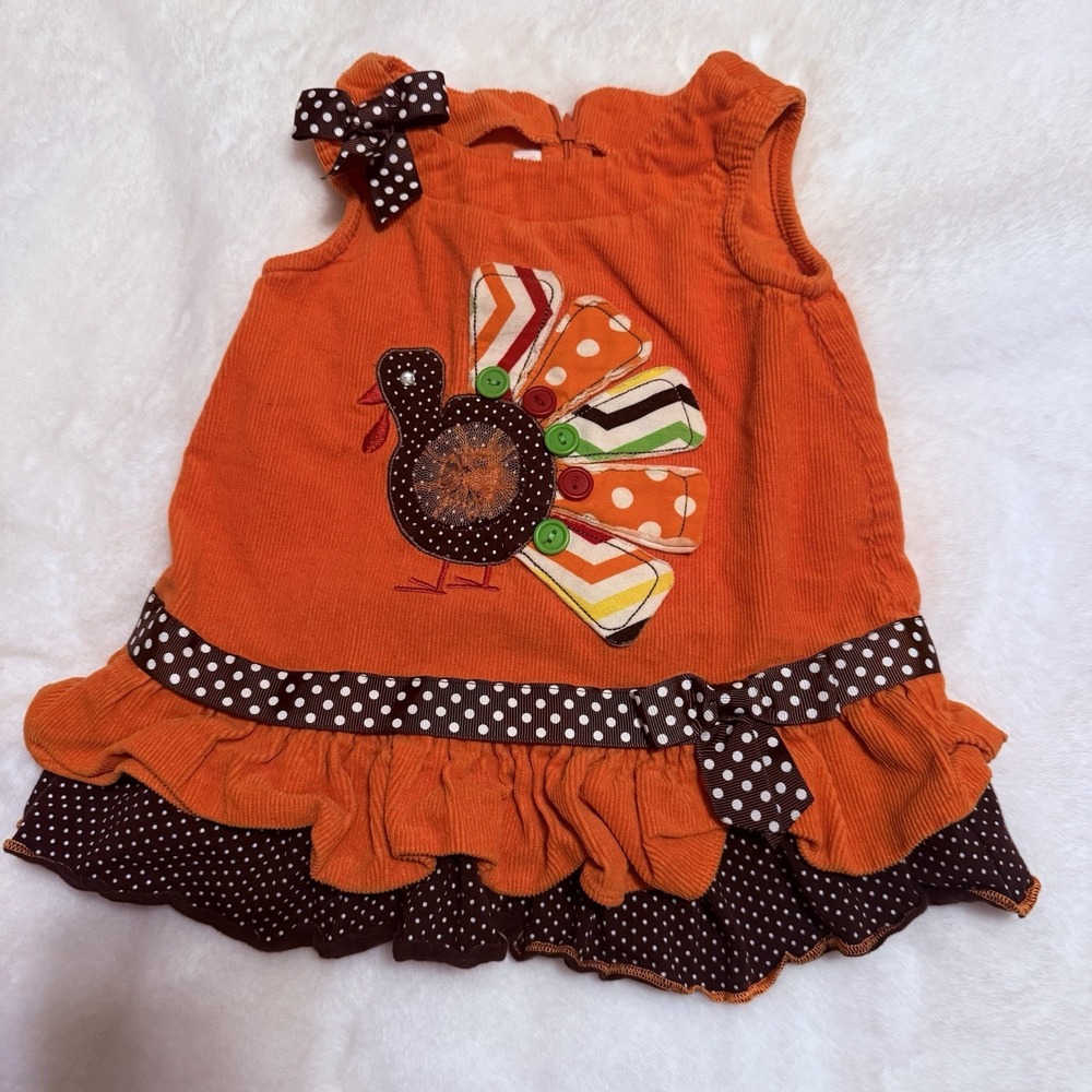 Bonnie Jean Dress Girls 12M Orange Corduroy Thanksgiving Turkey Polka Dot Ruffle